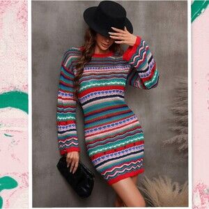 Free The Roses Dress Women M Colorful Striped Crochet Open Knit Midi Boho Hippie